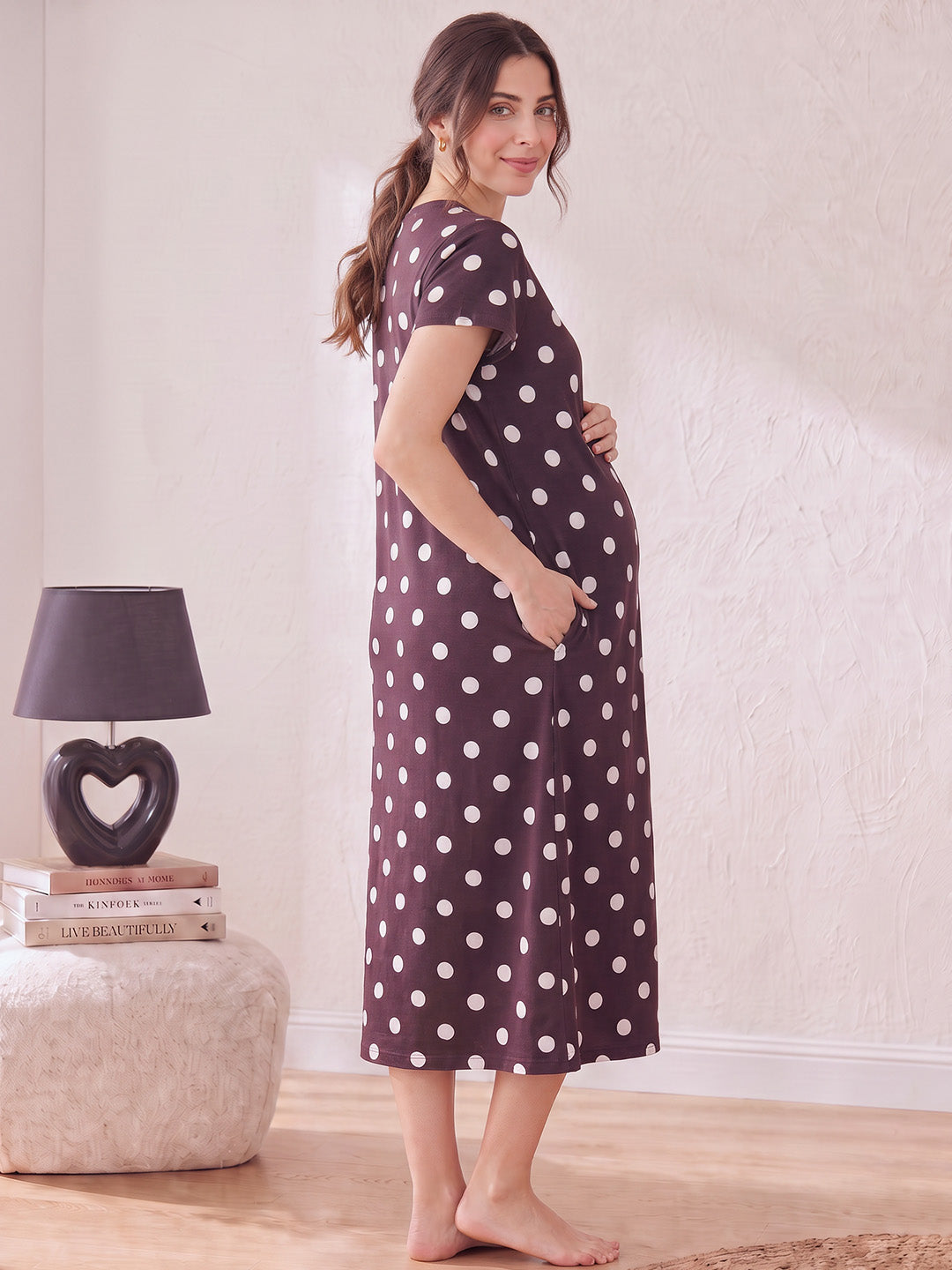 Burgundy Polka Dots Hosiery Zipless Maternity Nighty