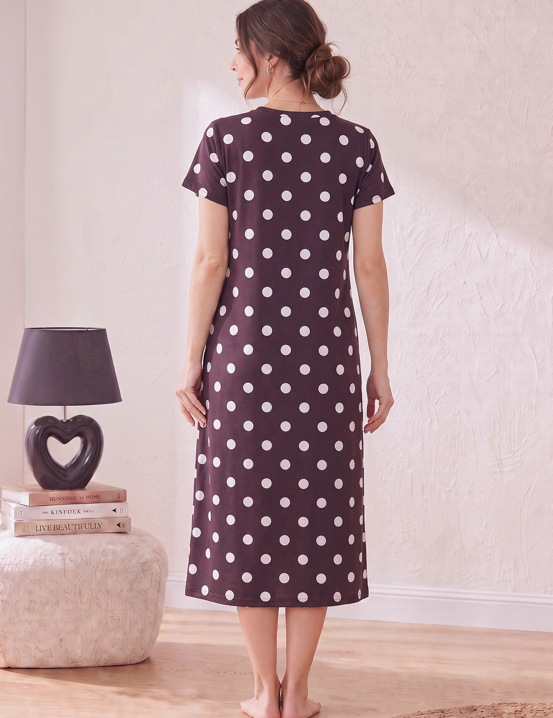 Burgundy Polka Dots Hosiery Zipless Maternity Nighty