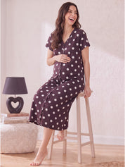 Burgundy Polka Dots Hosiery Zipless Maternity Nighty