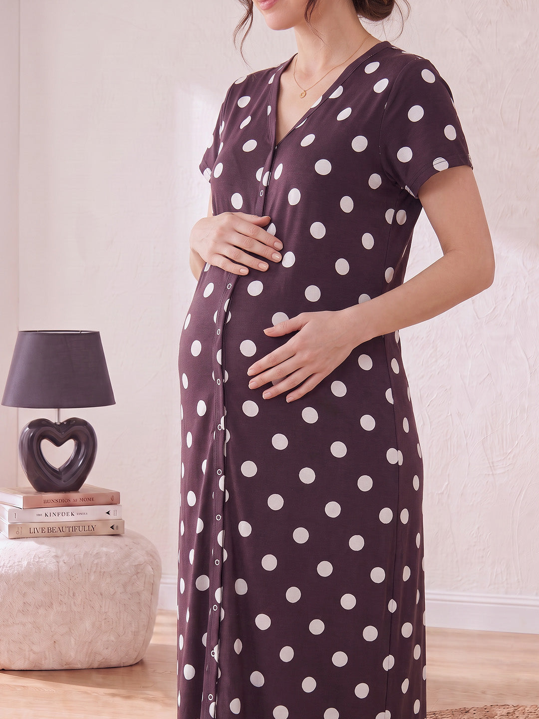 Burgundy Polka Dots Hosiery Zipless Maternity Nighty