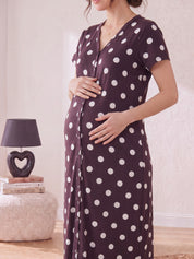 Burgundy Polka Dots Hosiery Zipless Maternity Nighty