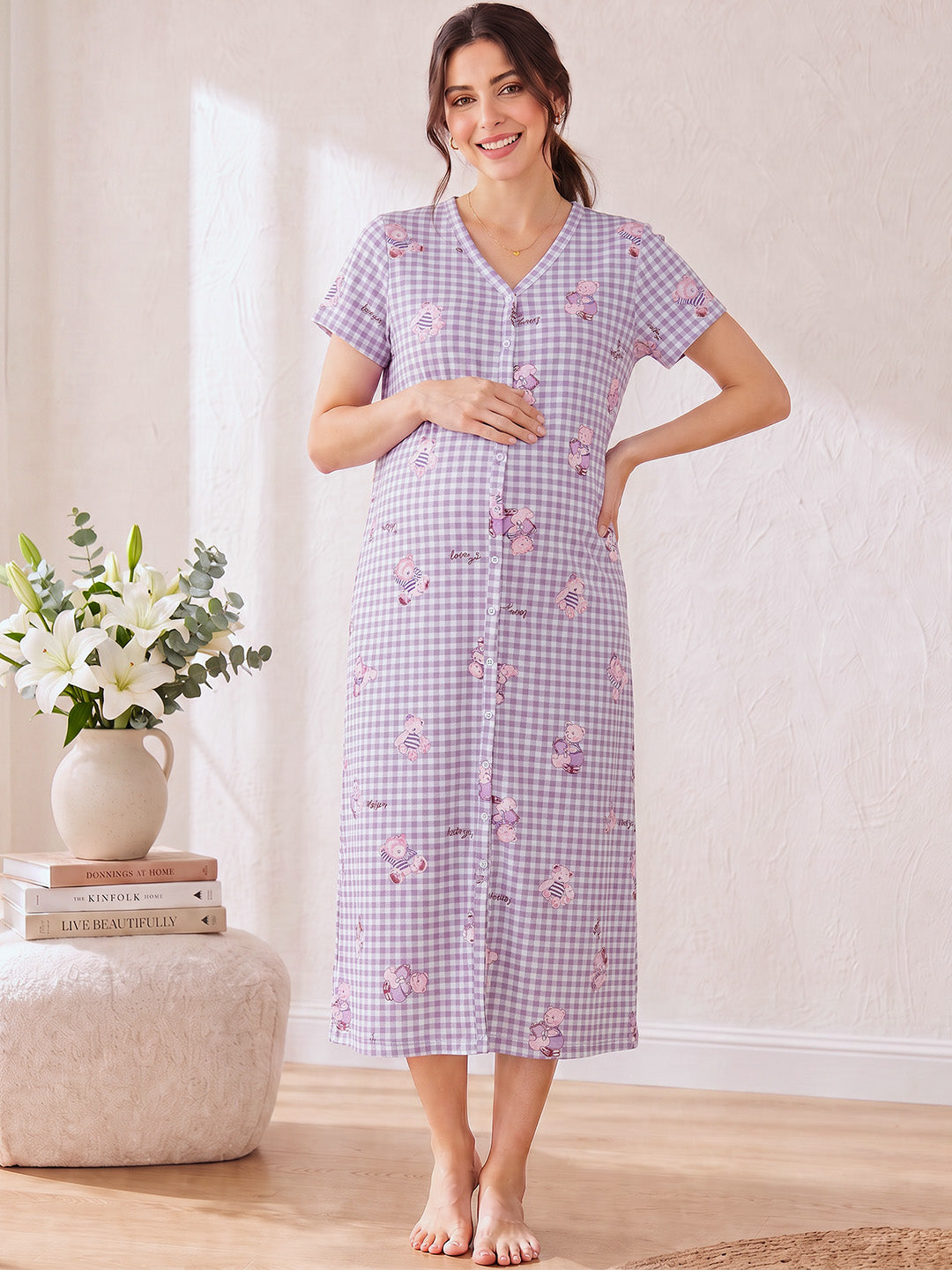 Lavender Gingham Print Hosiery Zipless Maternity Nighty