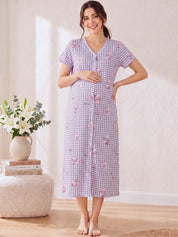Lavender Gingham Print Hosiery Zipless Maternity Nighty