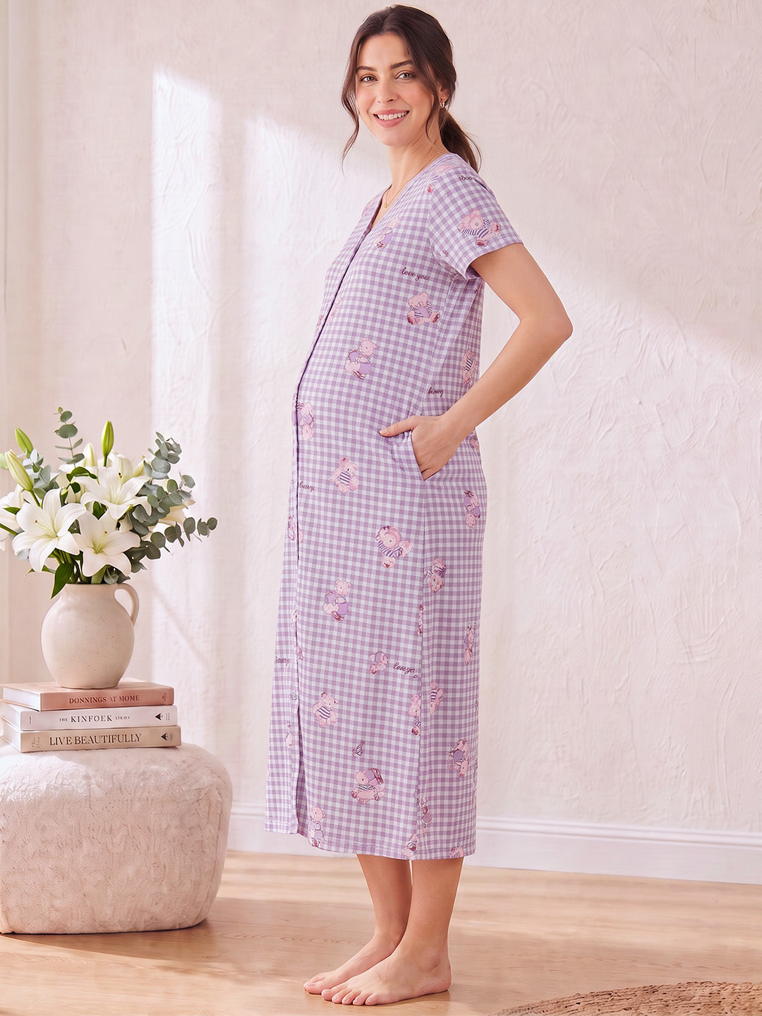 Lavender Gingham Print Hosiery Zipless Maternity Nighty