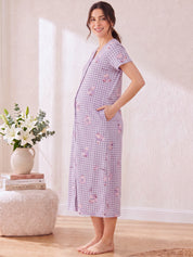 Lavender Gingham Print Hosiery Zipless Maternity Nighty
