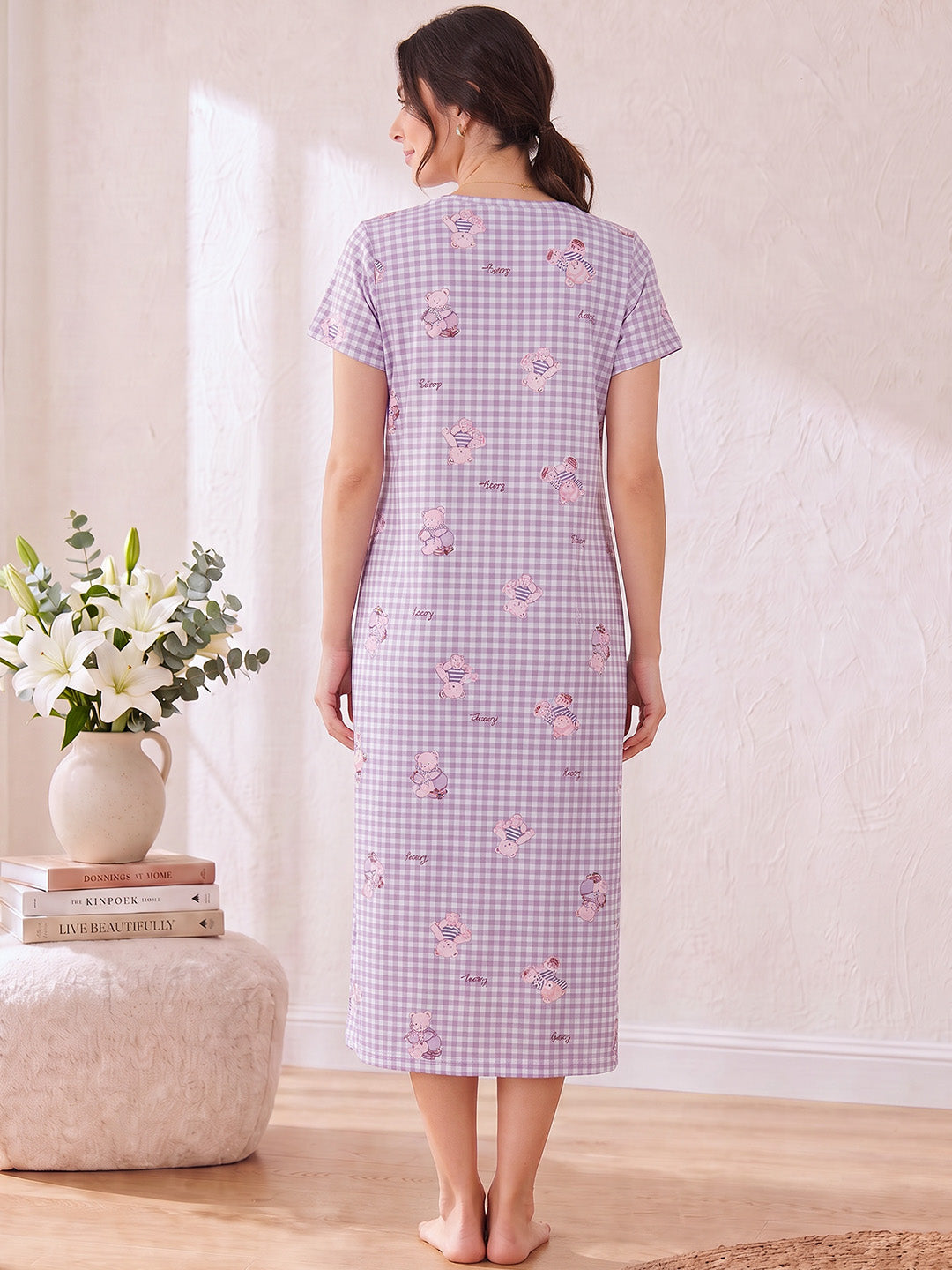 Lavender Gingham Print Hosiery Zipless Maternity Nighty