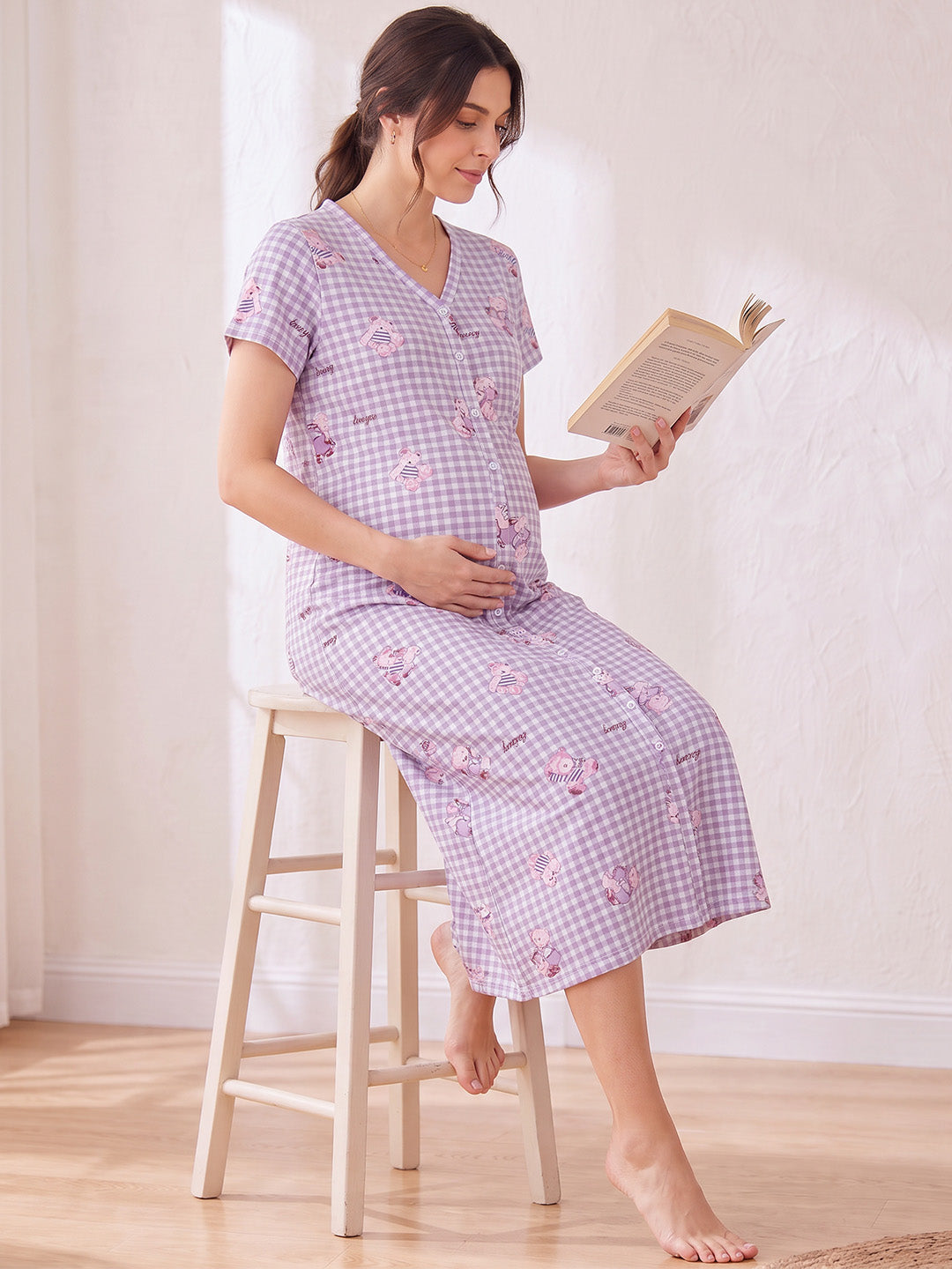 Lavender Gingham Print Hosiery Zipless Maternity Nighty