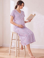 Lavender Gingham Print Hosiery Zipless Maternity Nighty