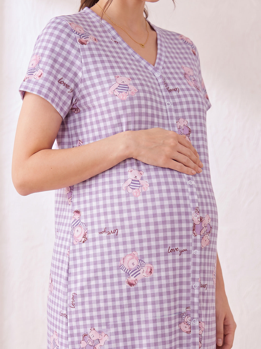 Lavender Gingham Print Hosiery Zipless Maternity Nighty