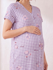 Lavender Gingham Print Hosiery Zipless Maternity Nighty
