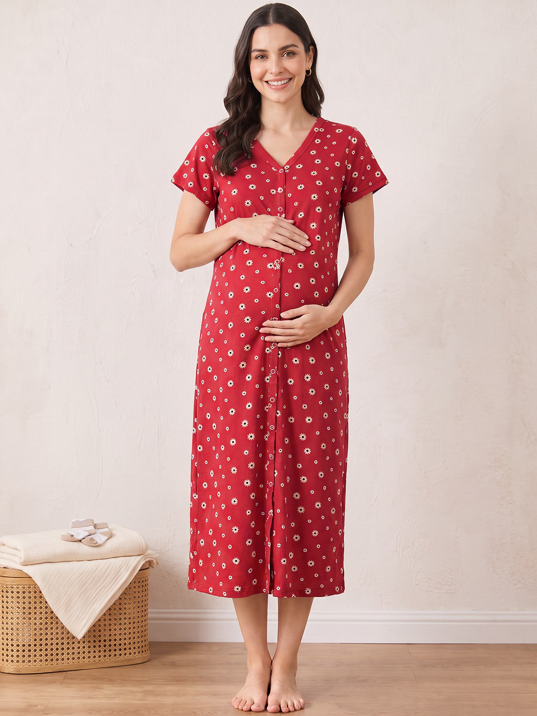 Red Floral Hosiery Zipless Maternity Nighty