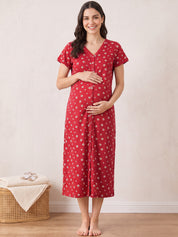 Red Floral Hosiery Zipless Maternity Nighty