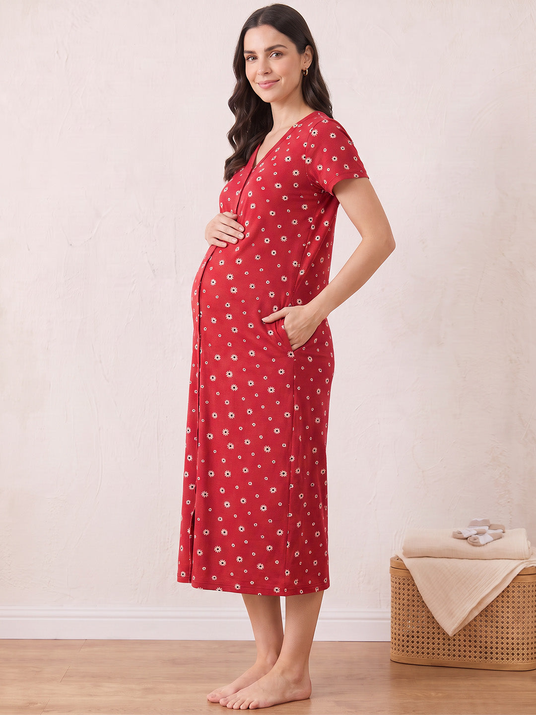 Red Floral Hosiery Zipless Maternity Nighty