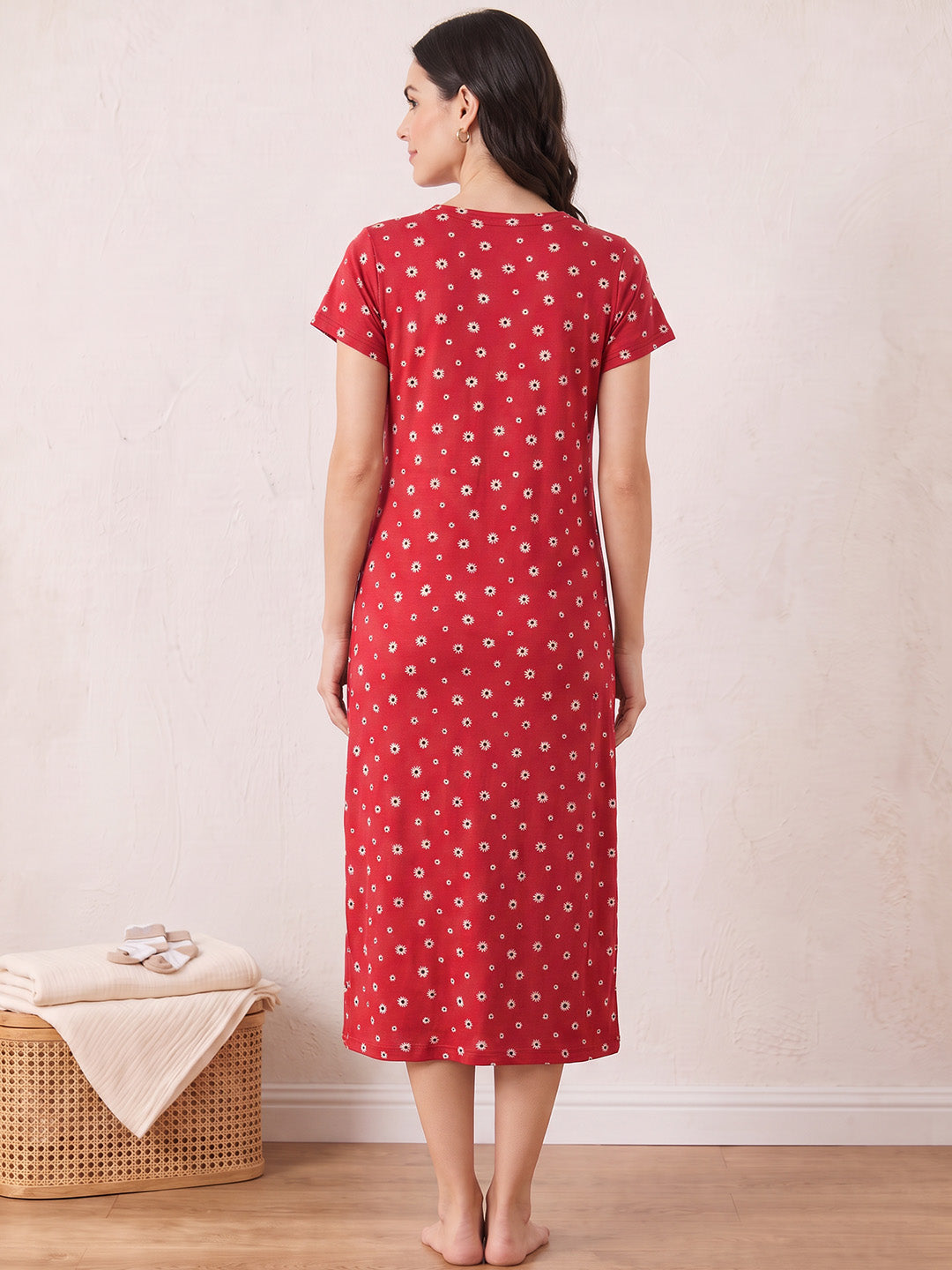 Red Floral Hosiery Zipless Maternity Nighty
