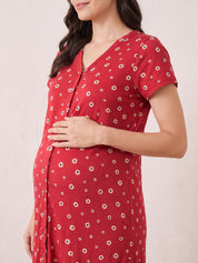 Red Floral Hosiery Zipless Maternity Nighty