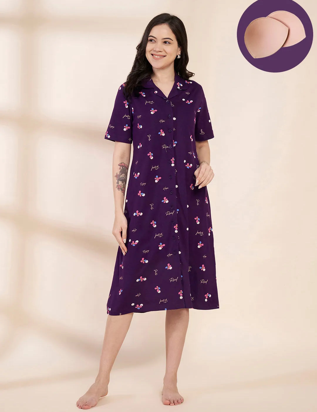 Purple Floral Hosiery Padded Nighty