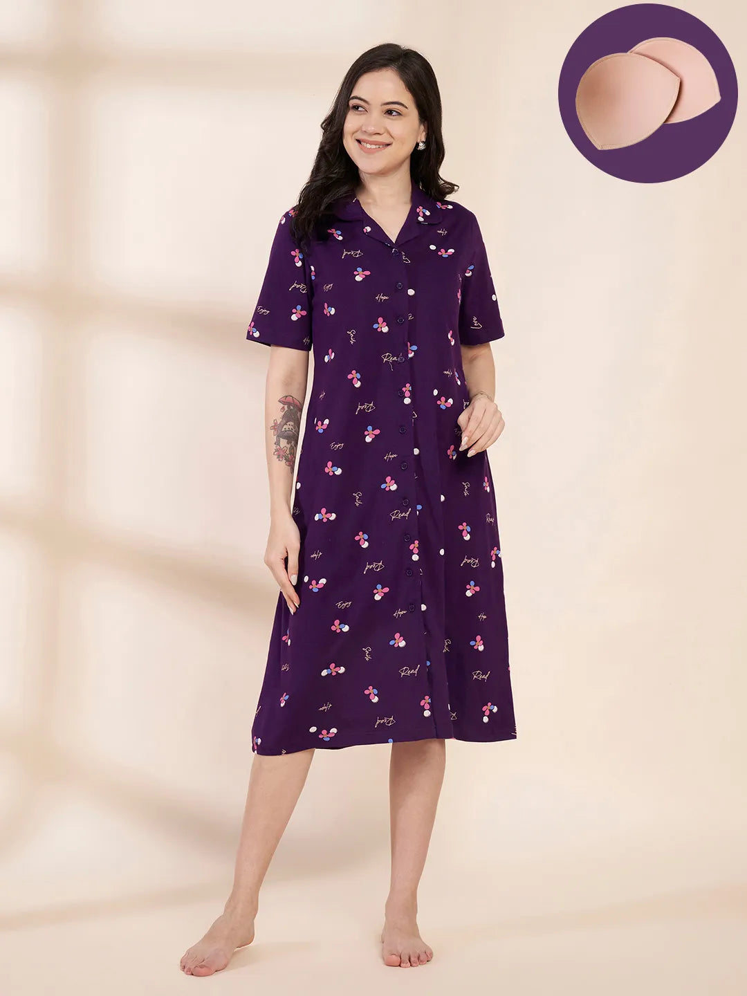 Purple Floral Hosiery Padded Nighty