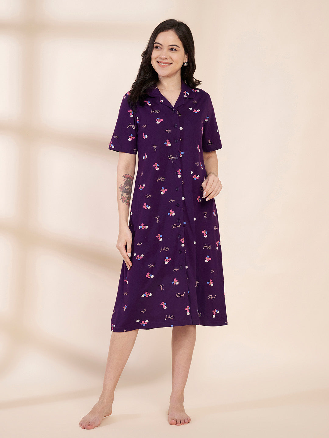 Purple Floral Hosiery Padded Nighty