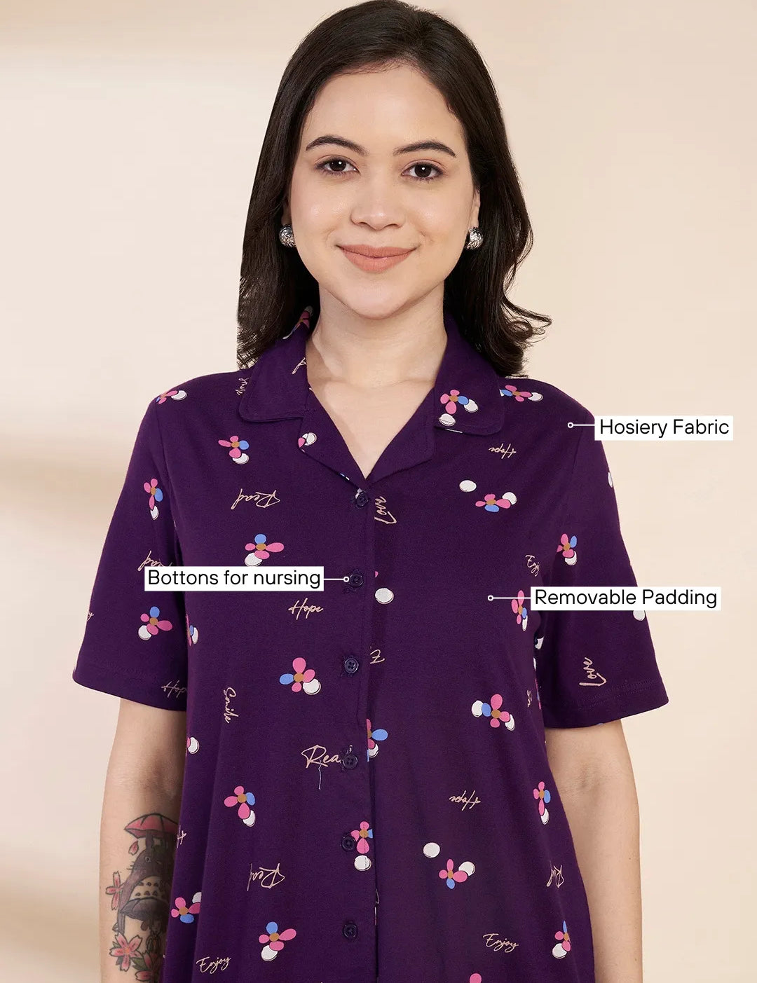 Purple Floral Hosiery Padded Nighty