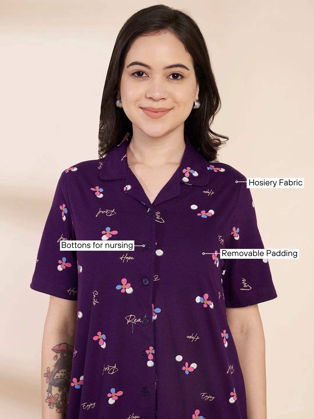 Purple Floral Hosiery Padded Nighty