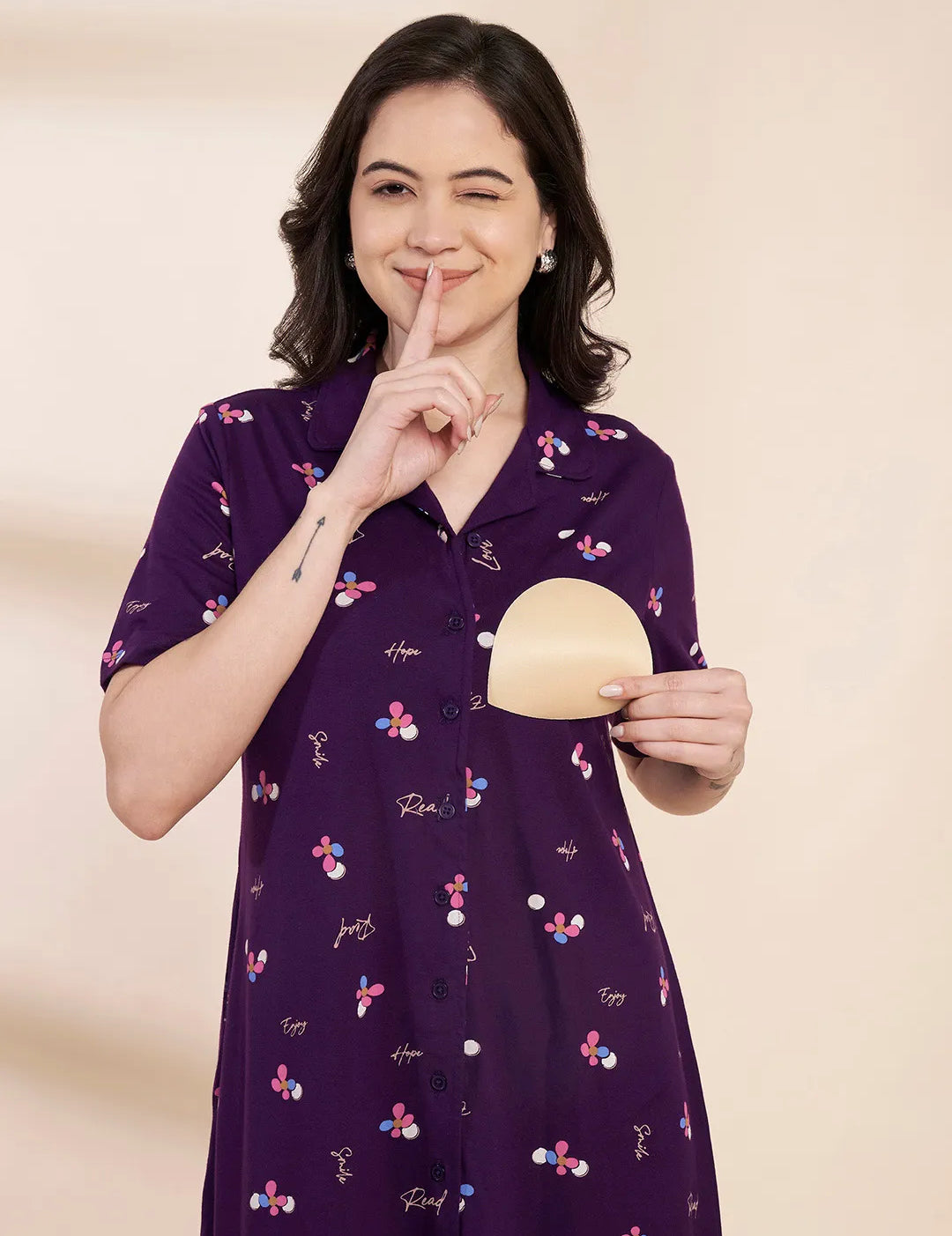 Purple Floral Hosiery Padded Nighty