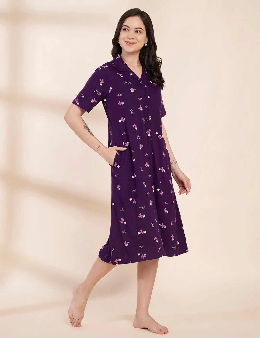 Purple Floral Hosiery Padded Nighty