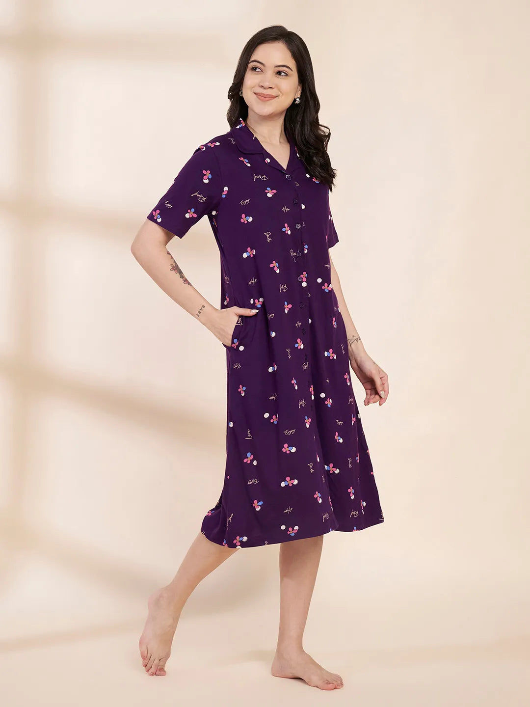 Purple Floral Hosiery Padded Nighty
