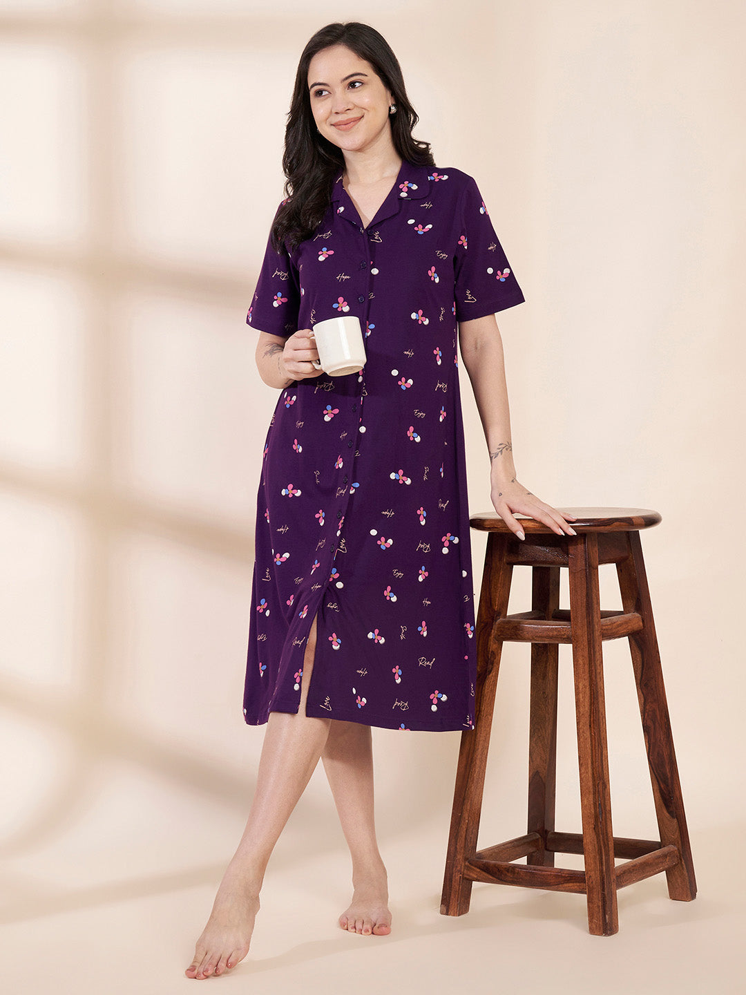 Purple Floral Hosiery Padded Nighty