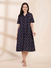 Navy Blue Heart Print Hosiery Padded Nighty