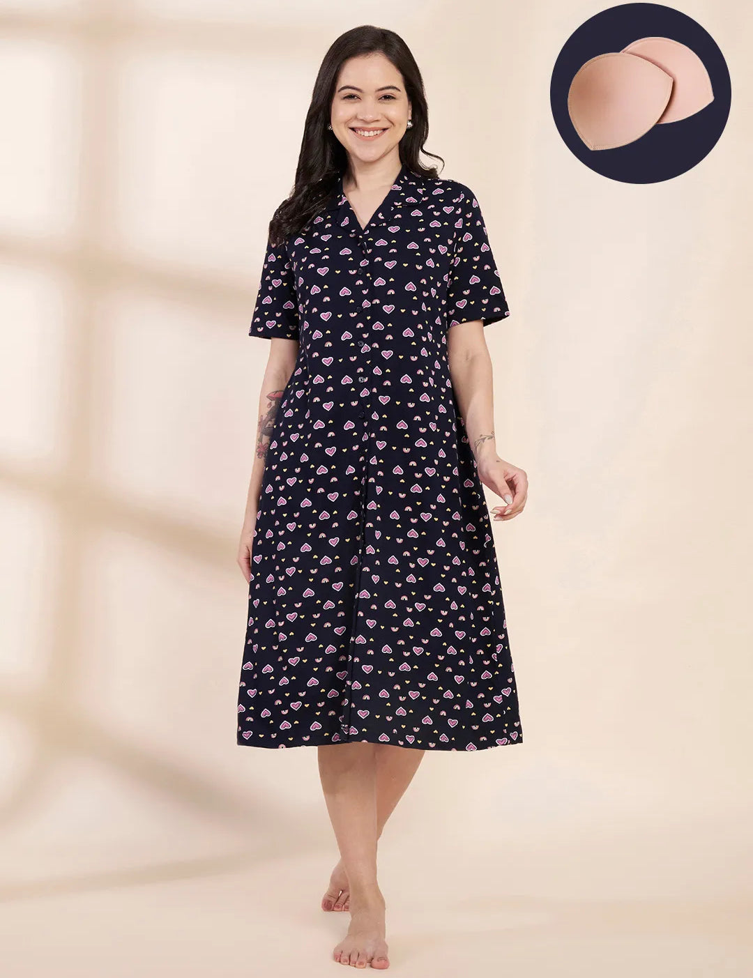 Navy Blue Heart Print Hosiery Padded Nighty