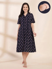 Navy Blue Heart Print Hosiery Padded Nighty
