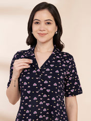 Navy Blue Heart Print Hosiery Padded Nighty