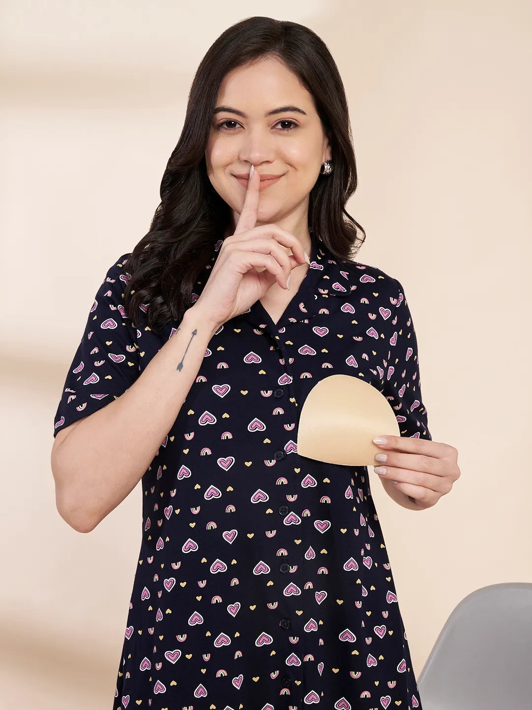 Navy Blue Heart Print Hosiery Padded Nighty