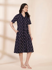 Navy Blue Heart Print Hosiery Padded Nighty