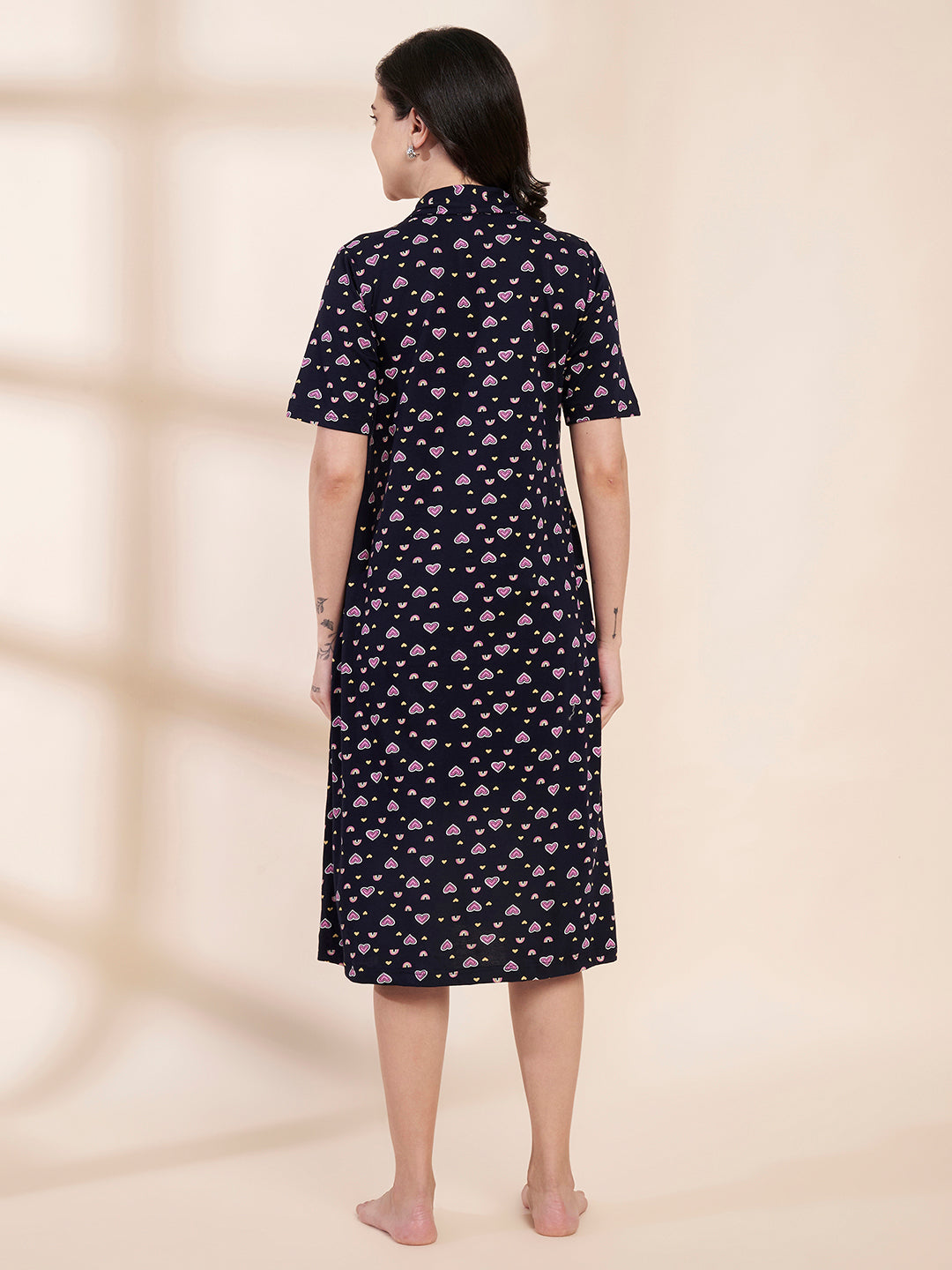 Navy Blue Heart Print Hosiery Padded Nighty