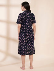 Navy Blue Heart Print Hosiery Padded Nighty