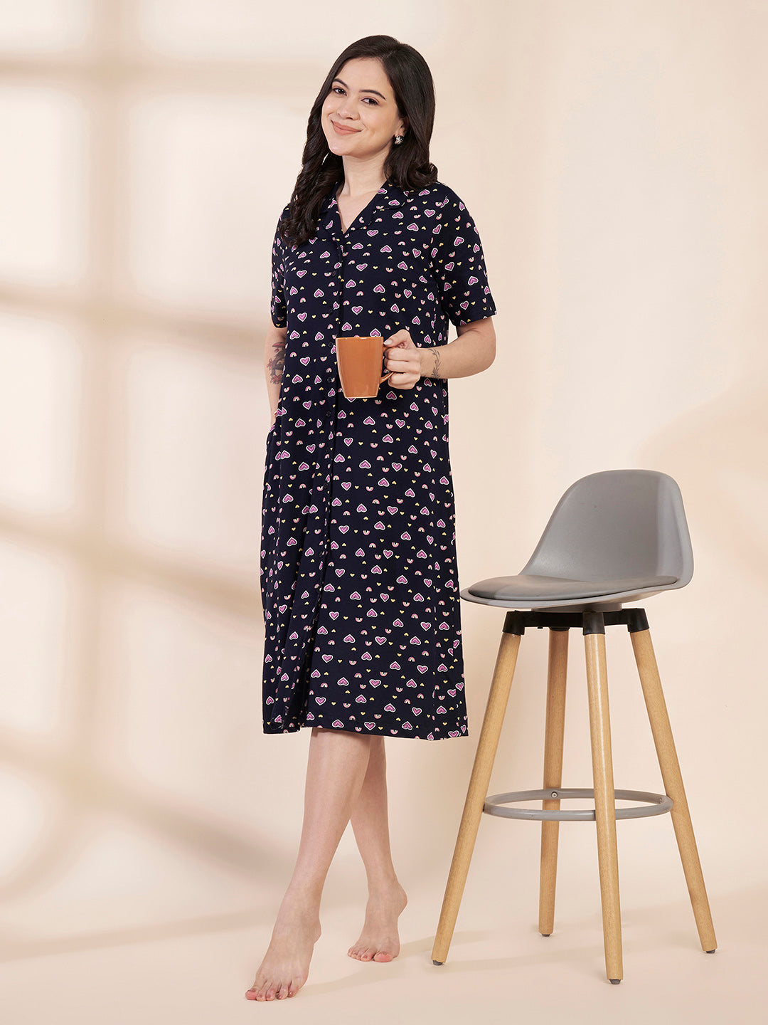 Navy Blue Heart Print Hosiery Padded Nighty