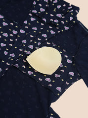 Navy Blue Heart Print Hosiery Padded Nighty