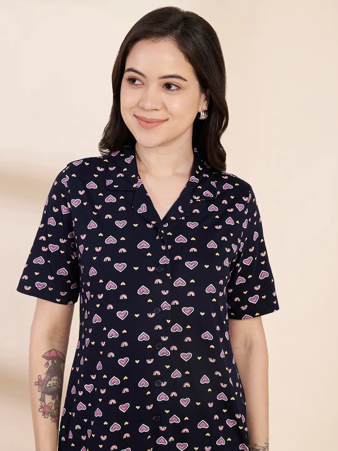 Navy Blue Heart Print Hosiery Padded Nighty