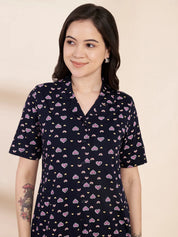 Navy Blue Heart Print Hosiery Padded Nighty