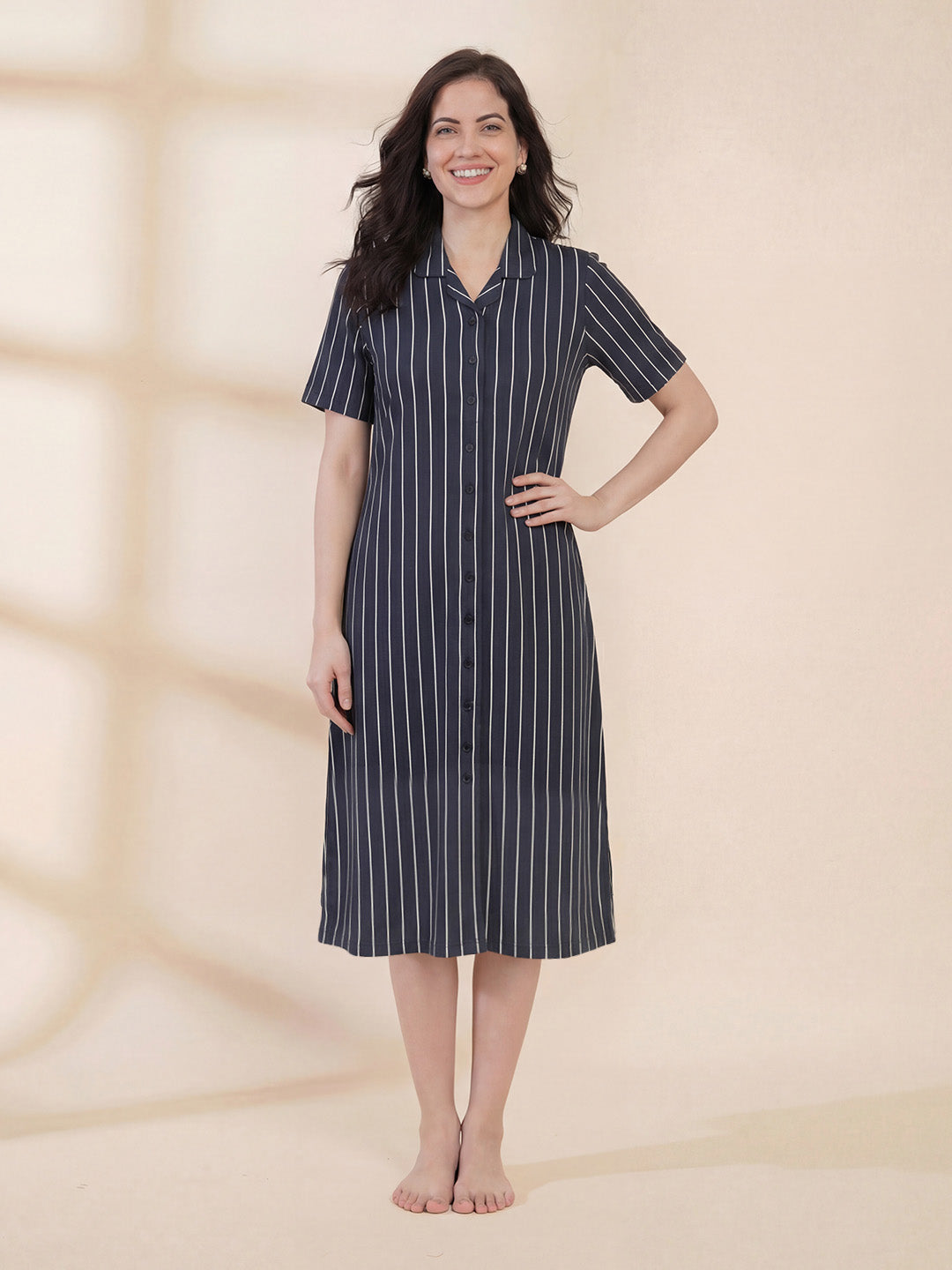 Black Striped Hosiery Padded Nighty