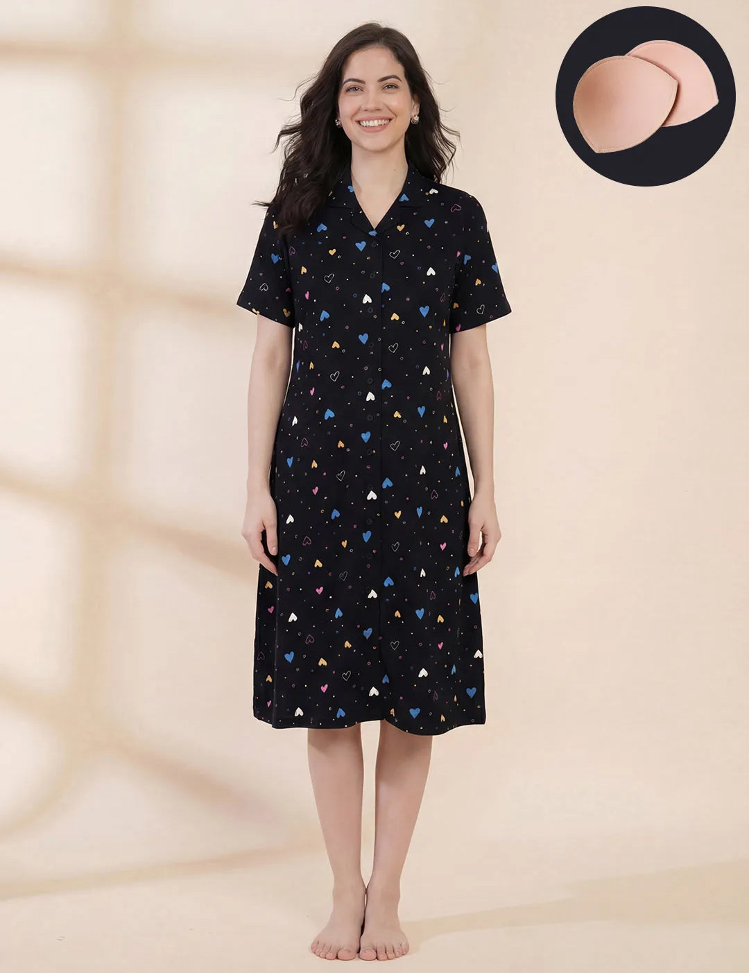 Black Heart Print Hosiery Padded Nighty