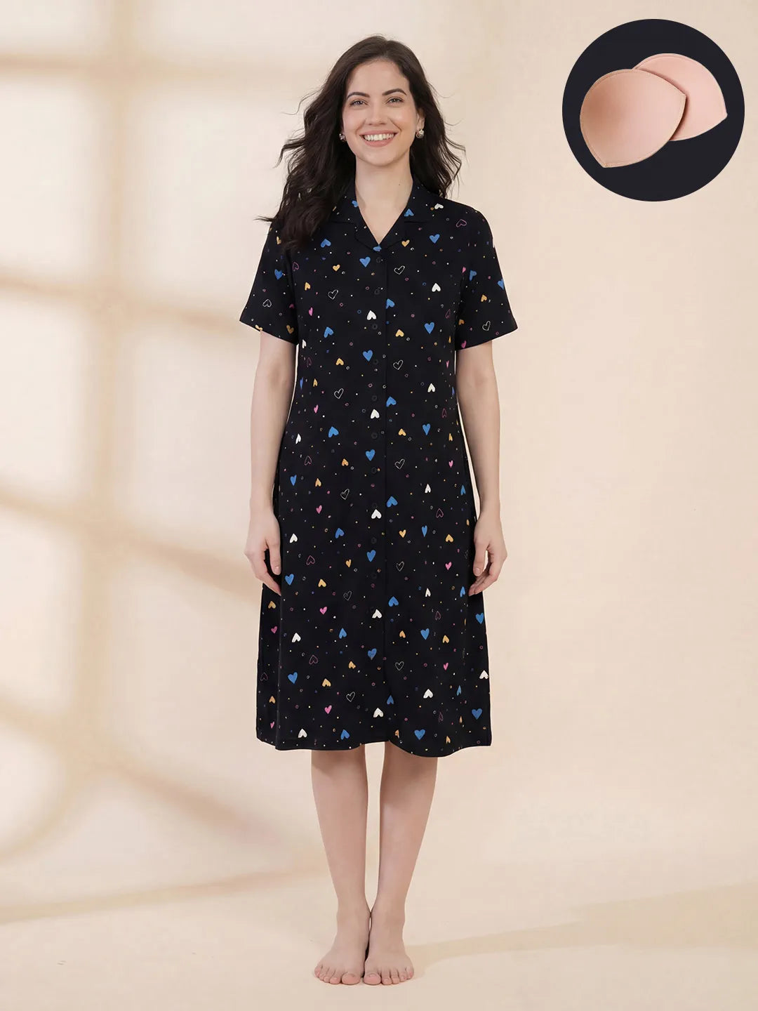 Black Heart Print Hosiery Padded Nighty