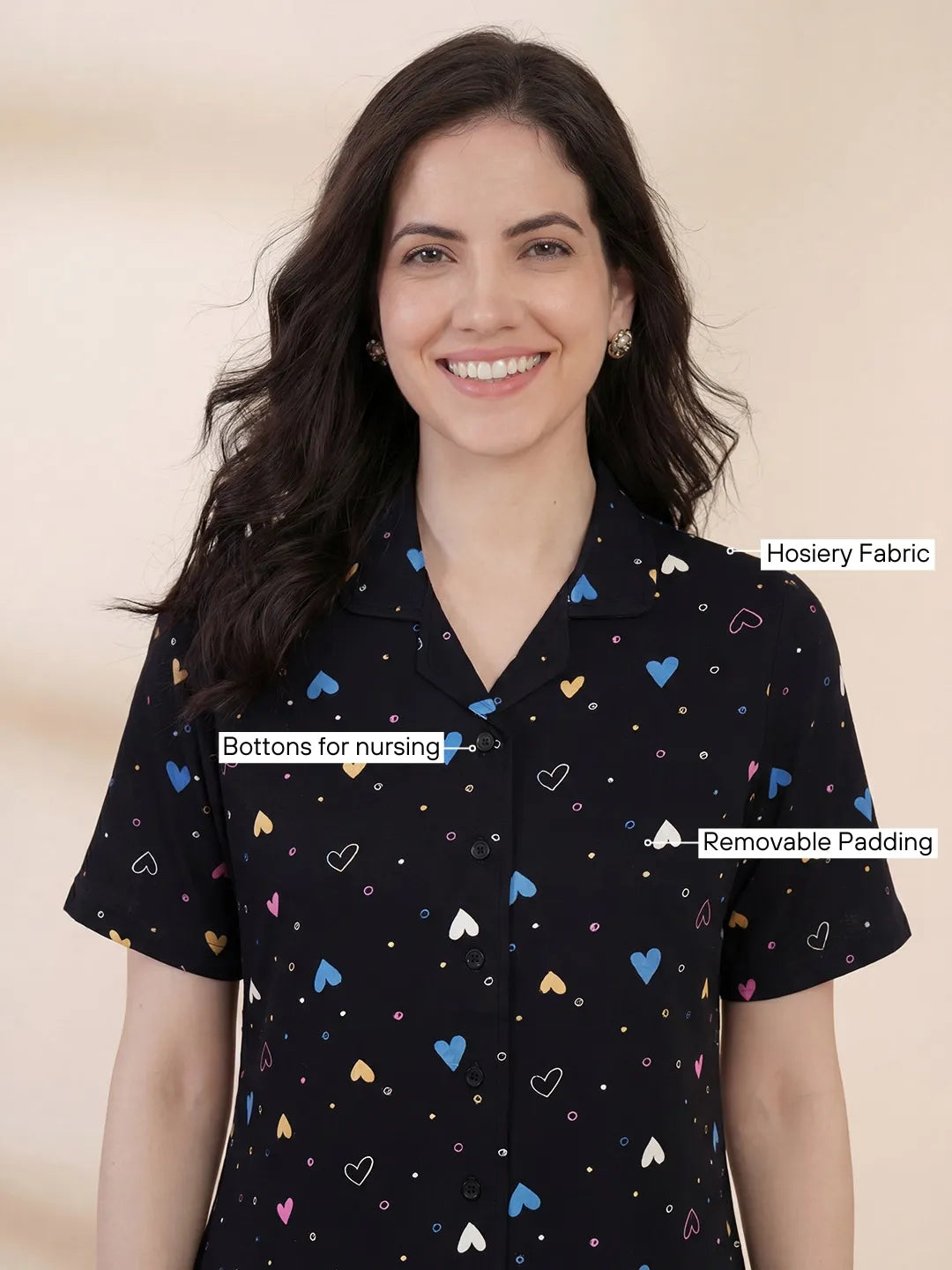 Black Heart Print Hosiery Padded Nighty