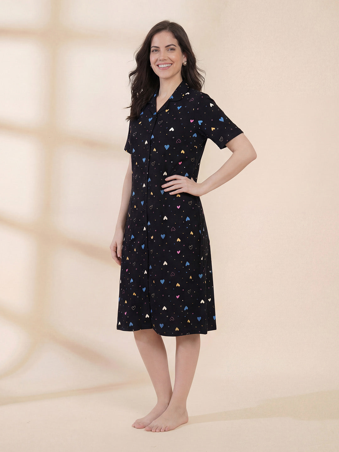 Black Heart Print Hosiery Padded Nighty