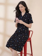 Black Heart Print Hosiery Padded Nighty