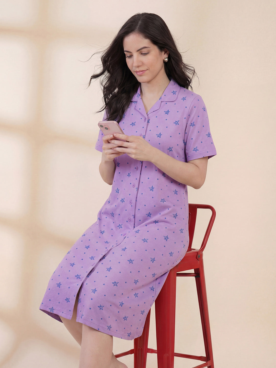 Lilac Star Print Hosiery Padded Nighty