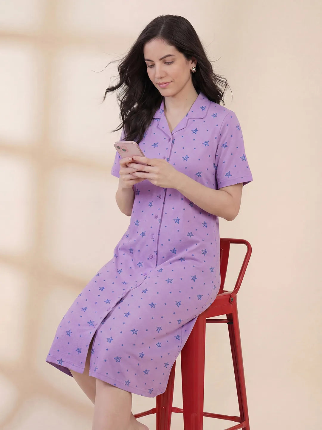 Lilac Star Print Hosiery Padded Nighty