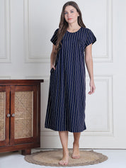 Navy Blue Striped Hosiery Nighty
