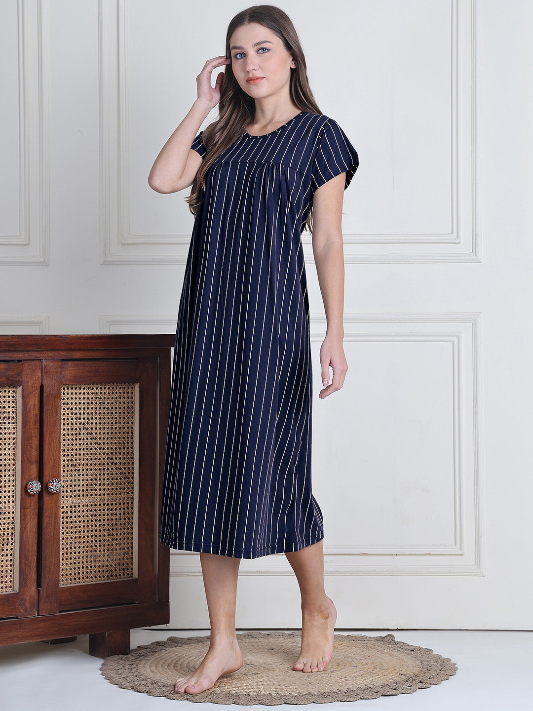 Navy Blue Striped Hosiery Nighty